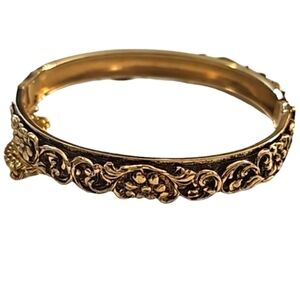 Vintage Bangle Bracelet SANDOR Gold Tone Ornate Floral Repousse